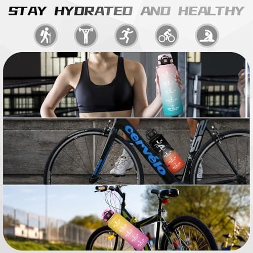 Gourde 1.5L, Gourde Sport avec Paille, Gourde Motivation anti Fuite, avec Marqueur de Temps, Gourdes de Camping et Randonnée, Facile à Nettoyer, Gourde Adulte pour Yoga, Running, Camping, Noir-Rouge