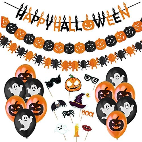Jonami Deco Halloween Decoration Halloween - Happy Halloween Banderole Banniere, Guirlandes Citrouilles et Araignees, Photomaton Photoboot Props, Ballons Noir Orange avec Fantomes