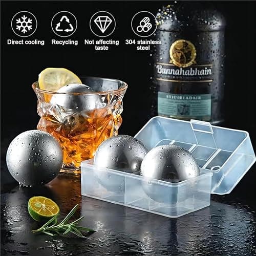 2 Pièces 55mm Sphères de Glace en 304 Acier Inoxydable, Boules de Glaçon Réutilisables, Rond Whisky Ice Stones, Boules Congelés en Métal, Glaçons à Whisky avec Boîte de Rangement, pour Cocktails (A)