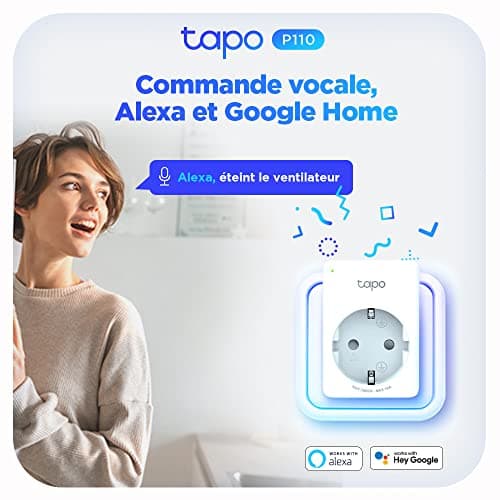 Tapo Prise Connectée WiFi, Suivi de consommation, 16A Type F, compatible avec Alexa et Google Home, Contrôler le radiateur, le chauffage, Économie d'énergie, Commande vocale, Tapo P110(2-pack)