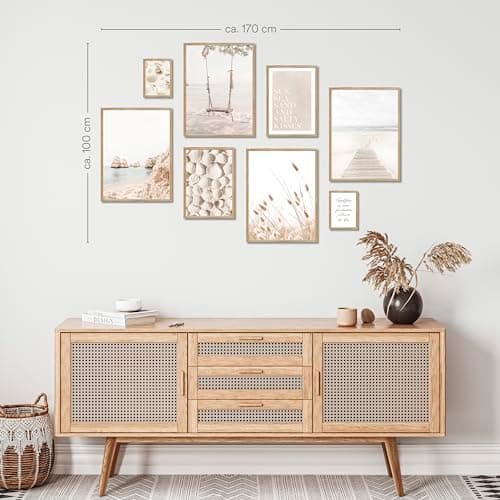 ARTFAVES® - Lot d'affiches - PLAGE DE RÊVE - Décoration murale 8 affiches modernes Plage, beige, mer, herbes de la pampa, coquillages - cadres noirs