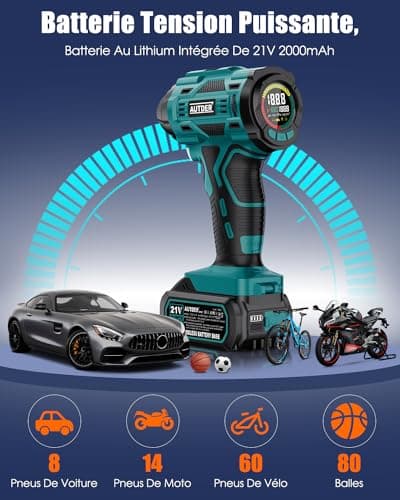 AUTDER Compresseur d'air Portable, Gonfleur de pneus sans Fil 180 PSI avec Deux Sources d'alimentation, Batterie 21V / 12V DC, Manomètre numérique, Arrêt Automatique (Bleu)