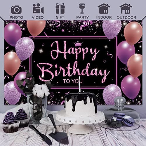 Koliphy Decoration Anniversaire, Noir Violet Banderole Joyeux Anniversaire Fête Deco Pour Hommes Femmes, Anniversaire Photographie Fond Bannière, 70,8 x 40,3 Pouce