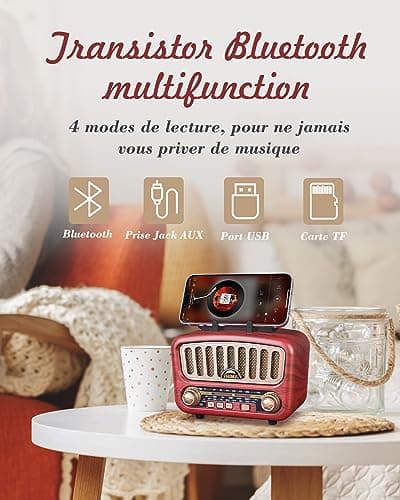 Radio Vintage Rétro, PRUNUS J-180 Poste Radio Portable AM/FM/SW Radio Bluetooth 5.0, Petite Radio Rechargeable avec Batterie 1800mAh, Grand Haut-Parleur 5W, Mini Radio avec Fonction USB/TF/AUX
