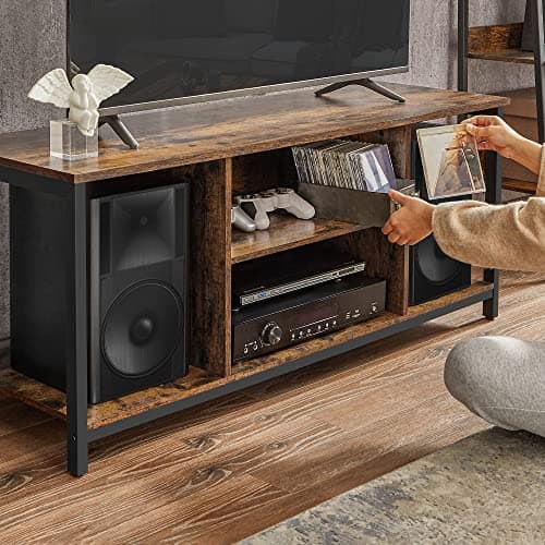 VASAGLE LTV060B01 Meuble TV pour TV Jusqu’à 152 cm (60"), avec étagères Ouvertes, Console TV pour Salon, Salle de Divertissement Marron Rustique/Noir