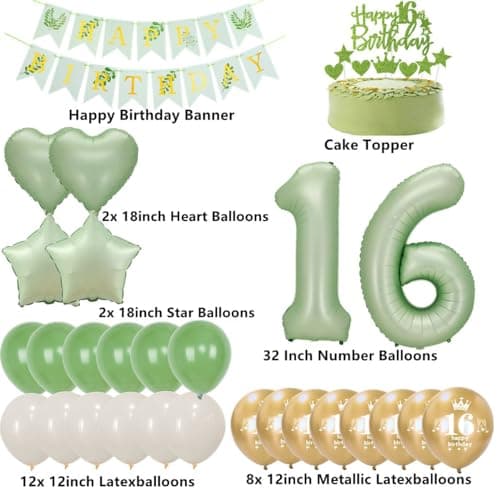 Décoration 16 ans anniversaire fille garçon, Avocat Vert Or Décoration anniversaire 16 fille garçon, Vert Ballon 16 ans anniversaire, 16 ans Vert Décoration fille garçon, Vert ballon 16 ans fille