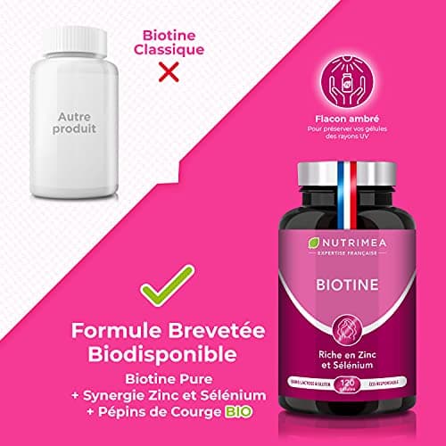 BIOTINE | Sans Excipient | Accélère la Pousse des Cheveux & Ongles | Avec Vitamine B8, Pépins de Courge, Zinc et Sélénium | 120 Gélules Vegan | Fabrication Française | Nutrimea