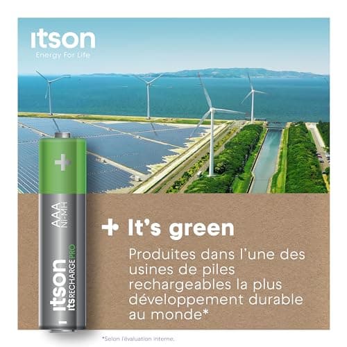 ITSON, AAA piles rechargeables, PRO, lot de 4, puissantes piles rechargeables, capacité Min. 930 mAh, pré-chargées, emballage à 95% de matériaux recyclés, made in Japan