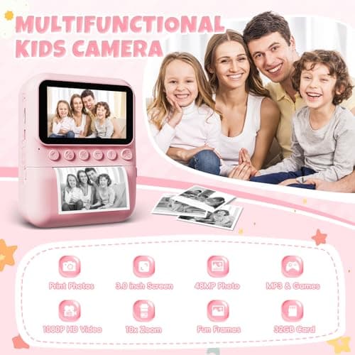 CalineGam Appareil Photo Instantané Enfant, 3,0 Pouces Écran HD 48MP Appareil Photo Enfants avec Carte 32 Go, 1080P Appareil Photo Jouet Cadeau pour Garçons Filles de 3 à 12 Ans (Rosa)