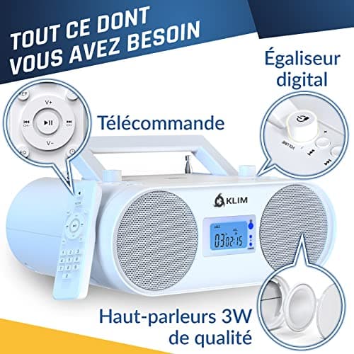 KLIM Boombox B4 Poste Radio CD Portable + Radio AM/FM, CD, Bluetooth, USB, MP3 + Mode Filaire et sans Fil avec Piles Rechargeables + Télécommande, Mode Veille Auto + Lecteur CD Portable + Blanc