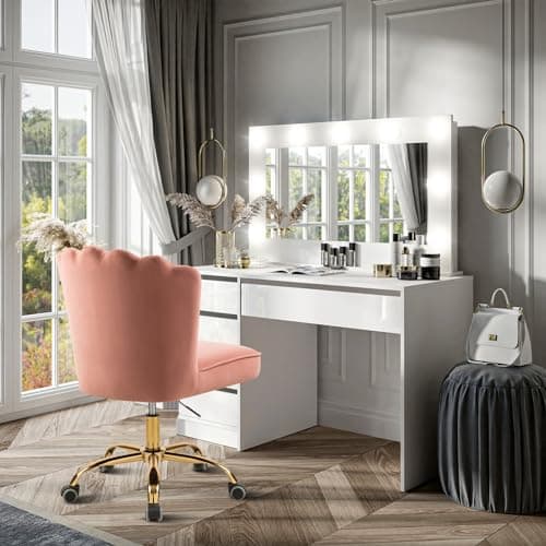 WOEOA Chaise de Bureau en Velours, Chaise Coiffeuse Coquillage, Pivotante à 360°, Hauteur Réglable, Pour Salon, Chambre à Coucher, Étude de Vanité, Charge Maximale 135 kg, Pour Filles et Femmes - Rose