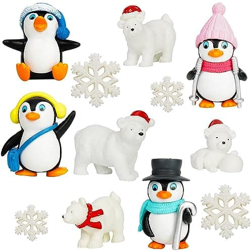 BELLE VOUS Lot de 12 Figurines Noel Décoration - Petit Personnage Miniature en Résine pour l’Artisanat, Jardin Féerique de Poupées & Decorations de Noel - Inclut Pingouins, Ours & Flocons de Neige