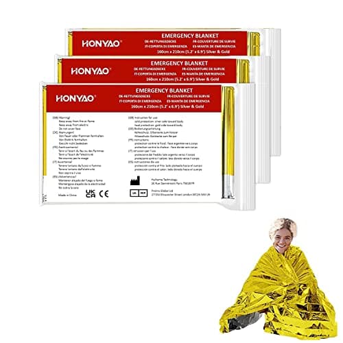 HONYAO® Couverture de Survie 3 Pièces, 210×160cm, Réutilisable Extra Large, Couverture Thermique Or Argenté, Couverture d'urgence pour l'extérieur, Randonnée, Survie, Marathons, Premiers Secours