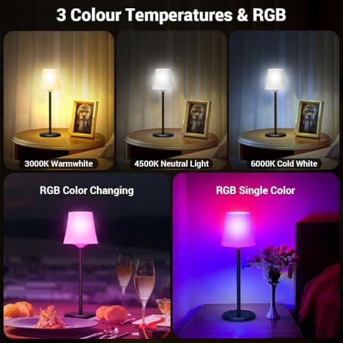 Ainostone 2 Pcs Lampe de Table Sans Fil Avec 3 Température de Couleur +RGB LED Lampe de Chevet Rechargeable Infinite Dimmable Contrôle Tactile IP54 Etanche pour Exterieur Chambre Nouvelle Année Deco