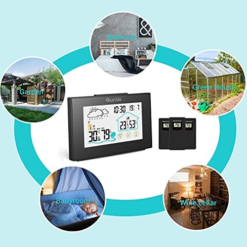 Station Météo, Quntis Thermomètre Hygromètre 3 Canaux Sans Fil Intérieure Extérieure avec Ecran Tactile à Capteur Extérieur, Thermomètre Numérique avec Prévisions Météo, Heure, Réveil - Noir
