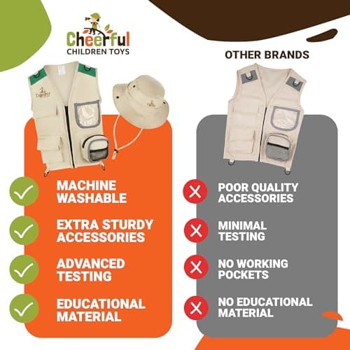 Cheerful Children Toys Kit Explorateur pour Enfants - Déguisement Aventurier avec Chapeau d’Explorateur et Gilet Cargo - pour Garçons et Filles de 3 à 7 Ans, Jouets Éducatifs STEM