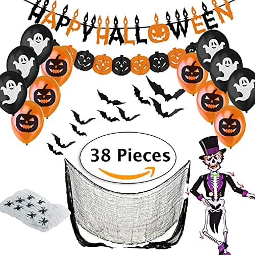 Jonami Deco Halloween Decoration Halloween XXL - Banderole Banniere Happy Halloween, Guirlandes Citrouilles, Ballons, Toile d’Araignees, Chauve-Souris 3D, Squelette Articule, Tissu Effrayante Noir