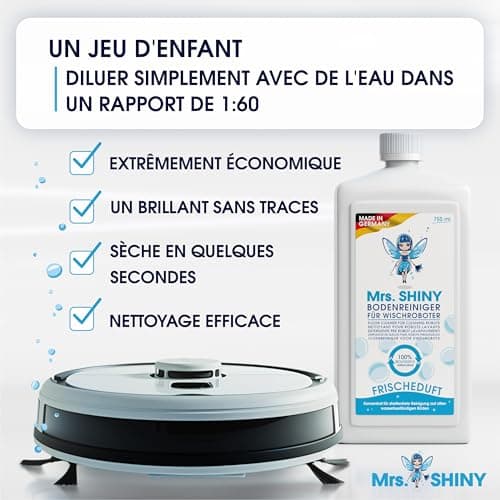 Mrs. SHINY - Détergent pour produit aspirateur laveur avec parfum de fraîcheur - produit nettoyant aspirateur laveur - nettoyant pour sol pour robot de nettoyage - pour tous les aspirateurs - 750 ml
