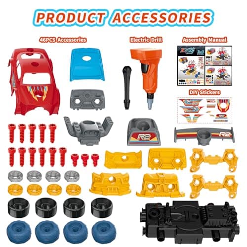 Pup Go Voiture 3-en-1 Démontable pour Garçons avec Perceuse Électrique, 46 Pièces Camion de Construction, Construisez Votre Voiture avec Outils, Idéal Cadeau STEM pour Enfants de 3 à 8 Ans (Rouge)