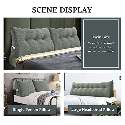 Johnear Coussin de Lecture pour lit ou canapé, Traversin Gros Coussin Dossier Corduroy,Oreiller Triangulaire Coussin Coin, tête de lit,Coussin pour Lombaire Jambe, cale Dos Plage, Gris 100 cm