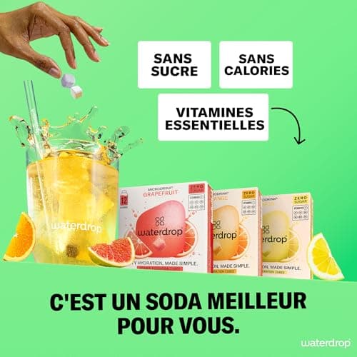 waterdrop® Coffret Microdrink, Orange, Citron et Pamplemousse, 36 boisson en cube effervescente sans sucre pour aromatiser l'eau, Extraits de fruits et de plantes, Eau Aromatisée infusion à froid