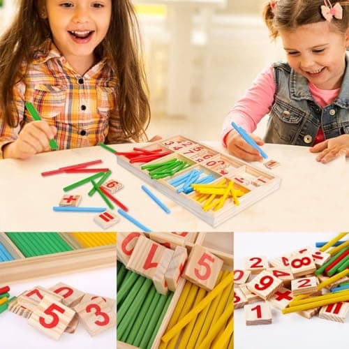 QHFlashbuy Jouet Montessori Mathématiques,Jeu Numérique Bâtons avec Blocs et Bâtons Comptage,Enfant Jeux Mathématiques Bois Bâtons 3 Ans et +