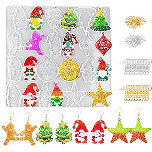 Pwsap 12 Pièces Nouveau Moulle Silicone Resine de Noël, Epoxy Bijoux Moule Avec 100 Crochets Boucles D'oreilles et Anneaux Saut Ouverts,Arbres Noël,étoiles Autres Formes Pour