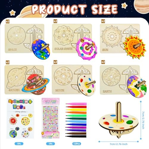 Ulikey 12 Pièces Gyroscope en Bois pour Enfants, Peinture Bricolage Anniversaire Activites Manuelles pour Enfants, Kit de Bricolage en Bois Gyroscope Planétaire Cadeau pour Enfants 5 6 7 8 9 10 Ans
