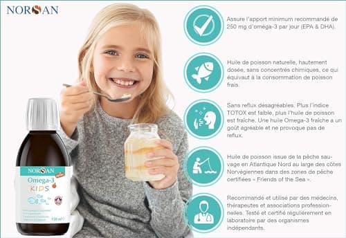 NORSAN OMEGA 3 FISK hautement dosé 150 ml/oméga-3 pour enfant 1.120mg par dose journalière/omega 3 enfant avec EPA & DHA/dose journalière 1 cuillère à café huile de poisson
