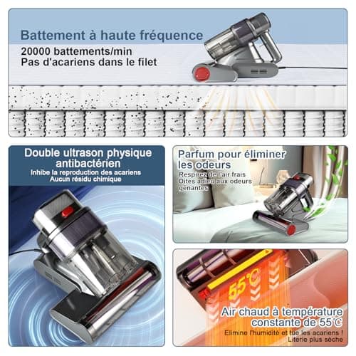 Nailaby Aspirateur Anti-acariens avec capteur d'acariens et Affichage LED, 500 W 15 KPa Aspirateur Anti-acariens pour Matelas avec lumière UV-C, ultrasons, 65 °C 5 s, Chauffage Rapide,élimine 99,99%