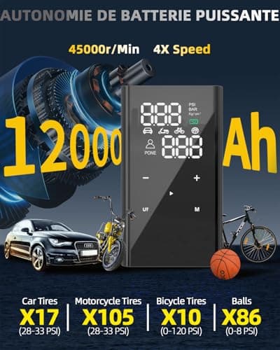 yanace 4X Rapide Compresseur à Air Portatif - Batterie Rechargeable 12000mAh, 150PSI Mini Gonfleur Pneus Voiture sans Fil, Pompe a Velo Electrique pour Auto, SUV, Trotinette, Moto et Football