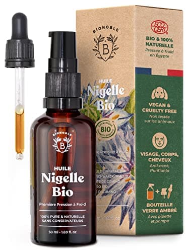 Bionoble Huile de Nigelle Bio Pure 50ml + Pipette et Pompe - Bouteille en Verre - 100% Naturelle, Pressée à Froid - Huile Nigelle Bio Visage Corps Cheveux - Huile de Cumin Noir Bio, Black Seed Oil