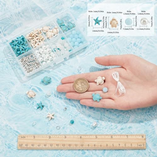 SUNNYCLUE 1 boîte 6 ensembles de Bracelets de Cheville Océan - Kit de Fabrication de Bracelets de Cheville - Perles de Tortue - Perles D'Animaux Marins - Perles de Verre Bleues D'Été Hawaïennes - Perl