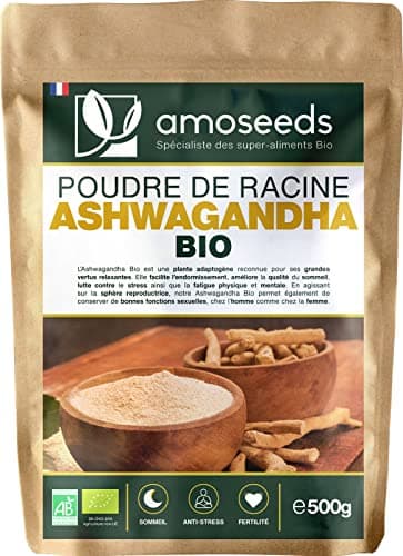 Ashwagandha en Poudre Bio 500G | Ginseng Indien | Stress, Sommeil, Adaptogène | Poudre de Racine 100% Pure d'Ashwagandha (Withania Somnifera) Biologique (Ginseng indien), Qualité Supérieure