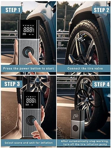 OneAmg Compresseur à Air Portatif 6000mAh Batterie USB Rechargeable Gonfleur Pneus Voiture sans Fil 150PSI/10,3Bar/12V/120W avec Éclairage d'urgence LED et 5 Modes de Gonflage pour Velo Moto Ballon