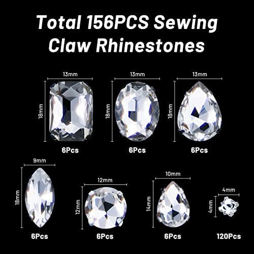 156 Pièces Strass de Couture en Verre Strass Cristal à Dos Plat Strass Serti de Griffes en Métal Gemmes de Couture en Verre Acrylique pour Vêtements DIY Artisanat (Blanc)