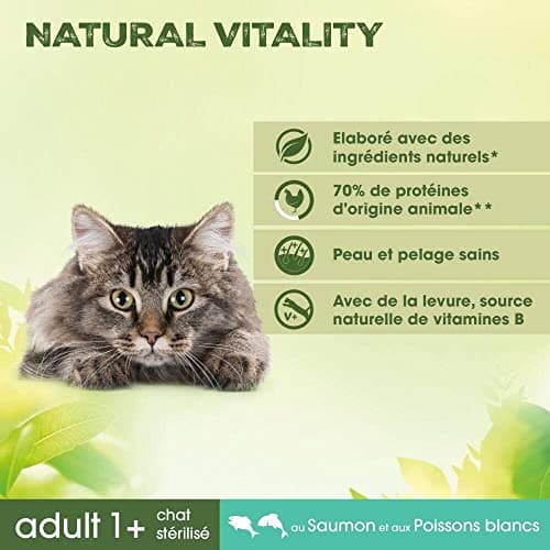 PERFECT FIT NATURAL VITALITY Croquettes pour Chat Adulte Stérilisé Poissons Blancs & Saumon - Lot de 6 Sacs 1kg - Nourriture Complète & Equilibrée avec des Ingrédients Naturels
