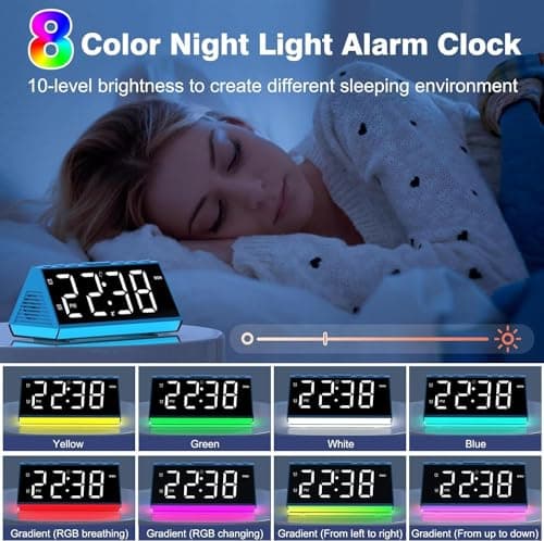 Réveil Numérique avec Double Alarme, Réveil Lumineux avec 8 Lumières à Intensité Variable, Écran Affichage Dimmable, Horloge Numérique avec Snooze, 2 Ports USB pour Ado/Enfant,Cadeau Fête,Anniversaire