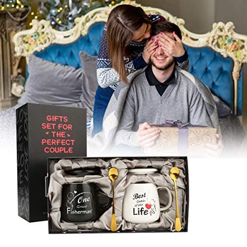 Sovyime Tasse à Café en Céramique, Coffret Cadeau Tasse Couple avec Couvercle et Cuillère, Tasse Cadeau Mariage Couple pour Mariée et Le Marié(One Great Fisherman, Best Catch of His Life)