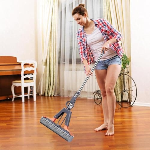 Balai éponge Absorbant, Balai Lave Sol avec 2 éponge PVA absorbante et Réutilisables, Serpillière éponge avec Manche télescopique 110cm, Vadrouille éponge pour Nettoyage de Sol