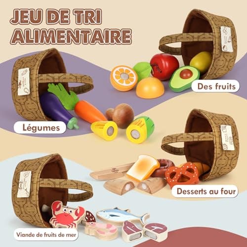 Lehoo Castle Accessoire Cuisine Enfant, Jouet de Cuisine en Bois Enfant, Accessoires Cuisine Enfant avec Panier en Tissu, Jouet Alimentaire, Jouet Montessori 3 4 5 6 7 Ans
