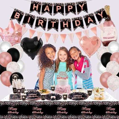XJLANTTE Fournitures de fête Noir et Or Rose – Ballon, bannière Joyeux Anniversaire, décoration de gâteau, Tasses et Nappe pour décorations de fête Fille Femme, pour 20 invités (Set 02)