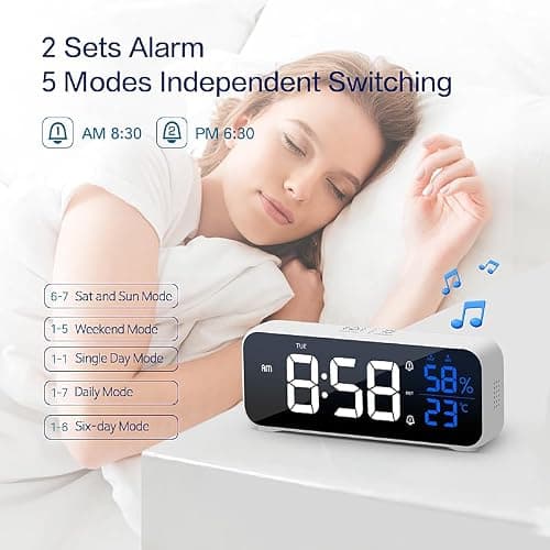 OWYELO Réveil Numérique, Horloge Numérique avec Grand écran LED, LED Horloge Digitale Réveil avec Fonction Snooze, Alarme de Miroir Portable avec Double Alarme, Charger USB, 12/24 H, Blanc
