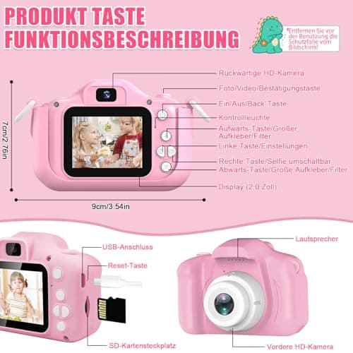Appareil Photo Enfant, 2" 1080p, Appareils Photos Numériques Enfants, HD Appareil Photo pour Enfant avec 64GB Carte, Deux Caméras Avant Et Arrière, Kids Camera, Cadeaux pour Enfants de 3 À 12 Ans