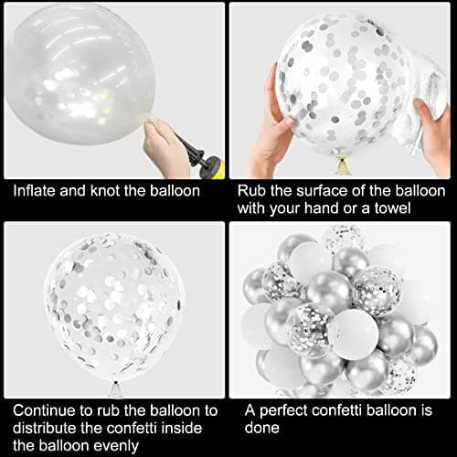 CHRORINE Lot de 50 ballons blancs argentés de 30,5 cm avec rubans à confettis pour anniversaire, fête prénatale, mariage, remise de diplôme, décoration de fête