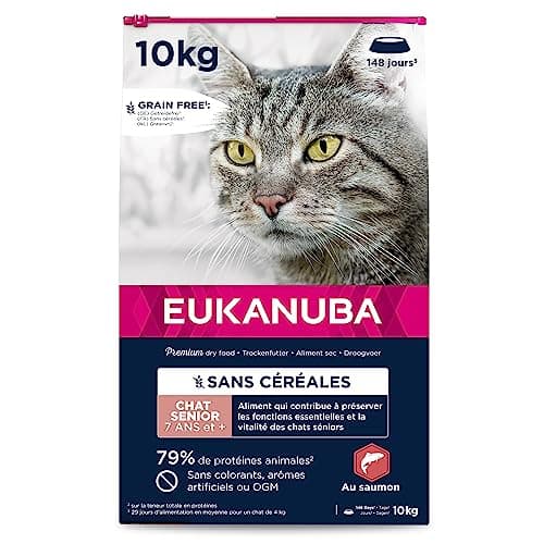 EUKANUBA Grain Free Croquettes pour Chat Senior - Riche en saumon - Apport en L-carnitine - Enrichie en taurine, Sans OGM, colorants, arômes artificiels - 10 kg