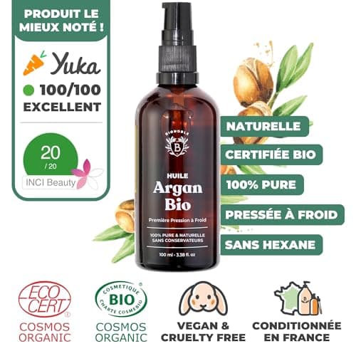 Bionoble Huile d'Argan Bio 100ml + Pipette et Pompe - Bouteille en Verre - 100% Pure, Naturelle, Pressée à Froid - Huile Argan Cheveux Visage Corps - Pure Organic Argan Oil, Huile dArgan Cheveux