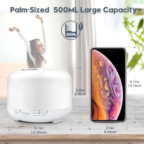 LONID 500ml Diffuseur d'Huile Essentielle, Ultrasonique Diffuseur Huiles Essentielles, Humidificateur d'air lumières 7 Colorées,Arrêt Automatique 4 Timing, Spa, Yoga, Massage,Apaisant (Blanc)