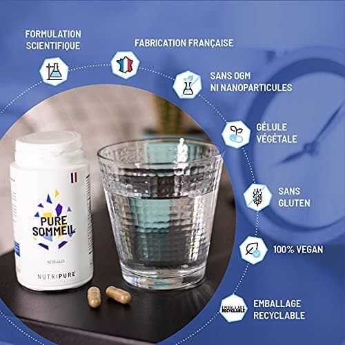 Nutripure | Pure Sommeil 1,9mg | Complément alimentaire pour l’endormissement | Evite les insomnies | Mélatonine, plantes naturelles, Extrait de mélisse bio & valériane | Vegan | 60 gélules | France