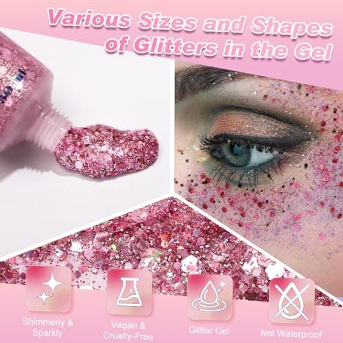 Gel Pailleté Pour Le Corps, Paillettes Rose Pour Le Visage, Lotion Scintillante Holographique, Gel Pour Le Visage Et Le Corps Pour Les Yeux, Les Cheveux, Les Ongles, L'art DIY, Maquillage (50ml)